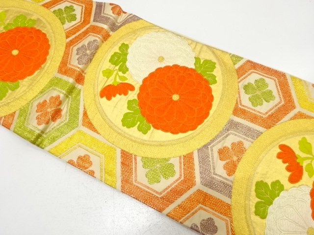 JAPANESE KIMONO / ANTIQUE FUKURO OBI / SILK / WOVEN CIRCLE & KIKU & FLORAL KIKKO